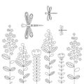 Black and white floral illustration with dragonflies, flowers and leaves.